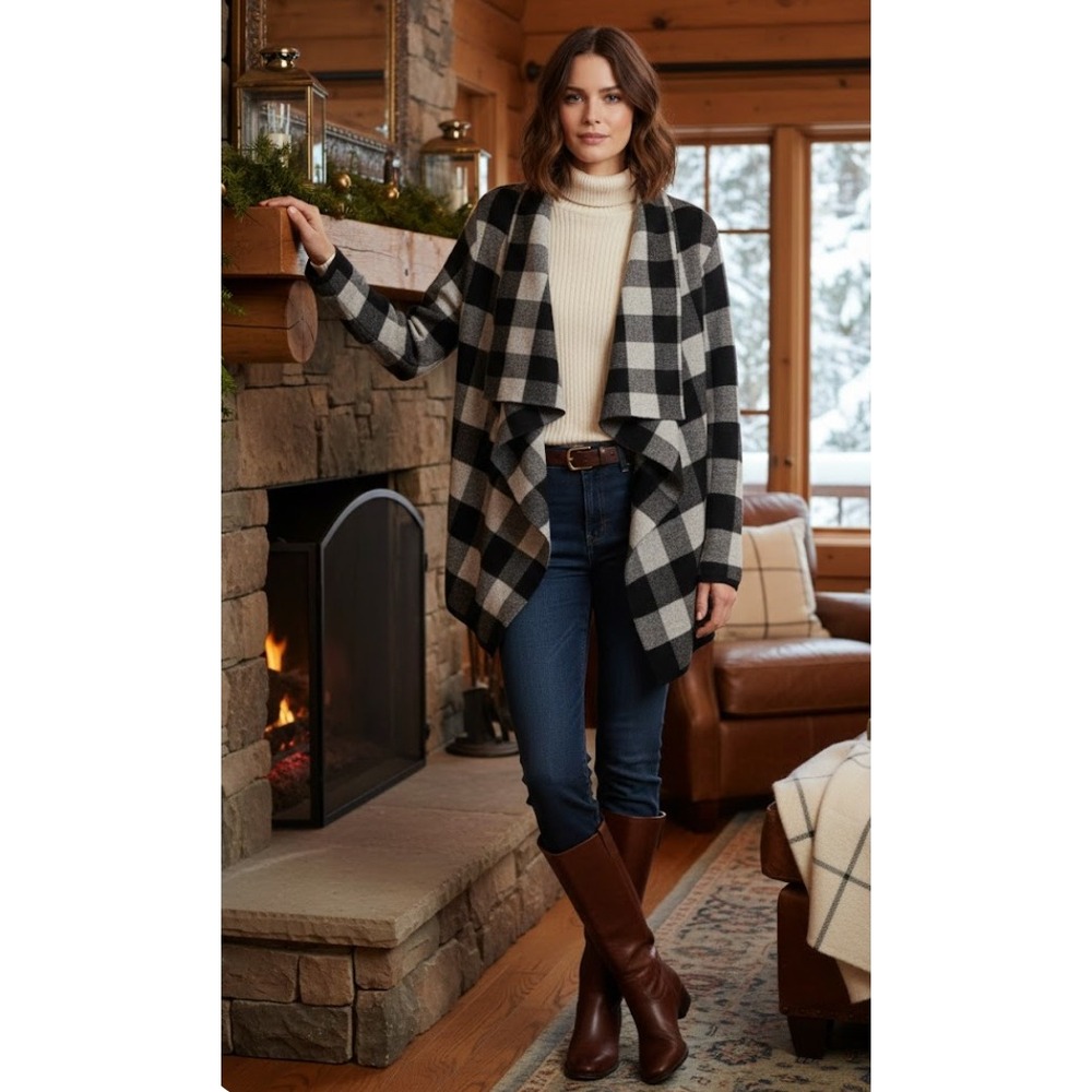 Lauren Ralph Lauren Black White Buffalo Plaid Open Front Sweater 100% Wool XL